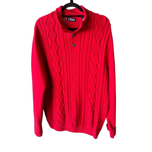 Chaps Red Fisherman Cable Knit Sweater 3 button M 100% Cotton Long Sleeve Preppy - Picture 1 of 10